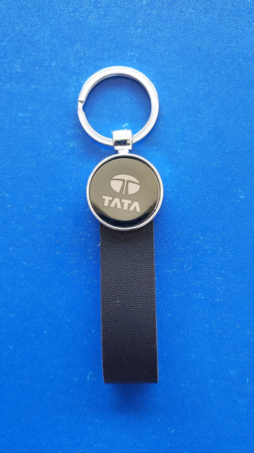 09 TATA Logo Keychain | TATA Logo Silver and Leather Keychain for Car and Bikes
