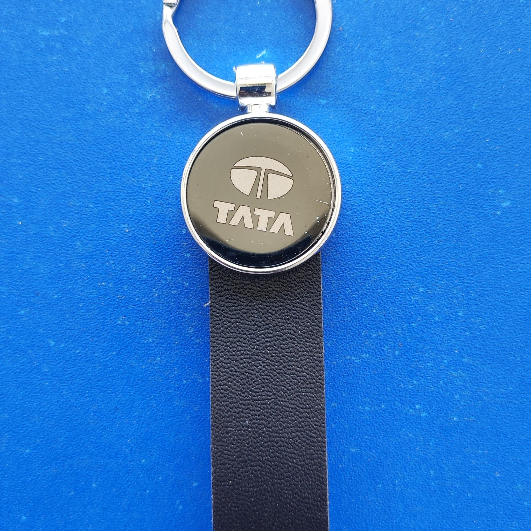 09 TATA Logo Keychain | TATA Logo Silver and Leather Keychain for Car and Bikes